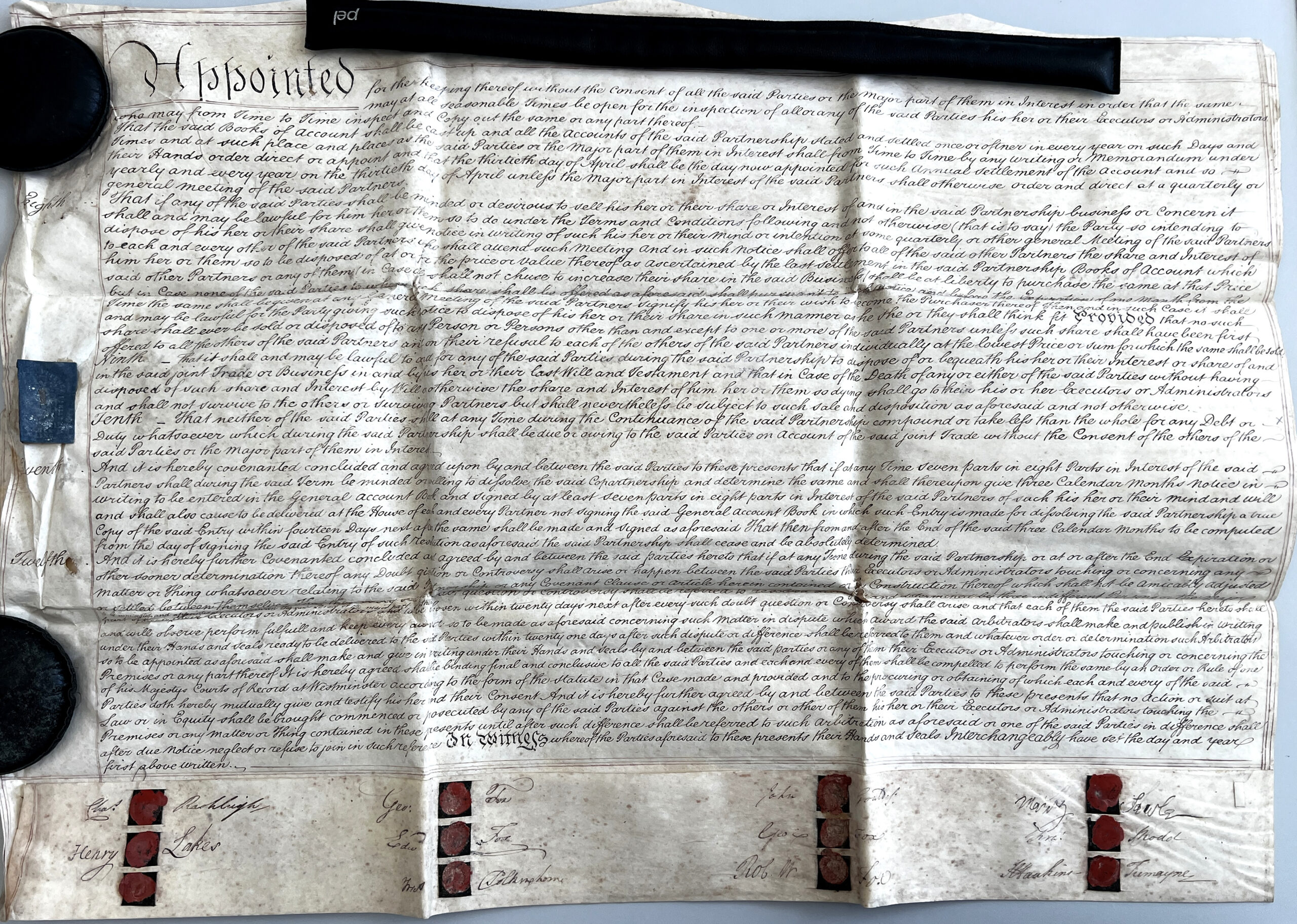 Signature page of the 1795 Sawle, Fox and Company co-partnership agreement, showing the signatures and seals of the partners